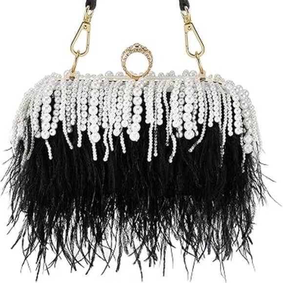 Neiman Marcus Black Ostrich Feather Clutch Bag with Pearls